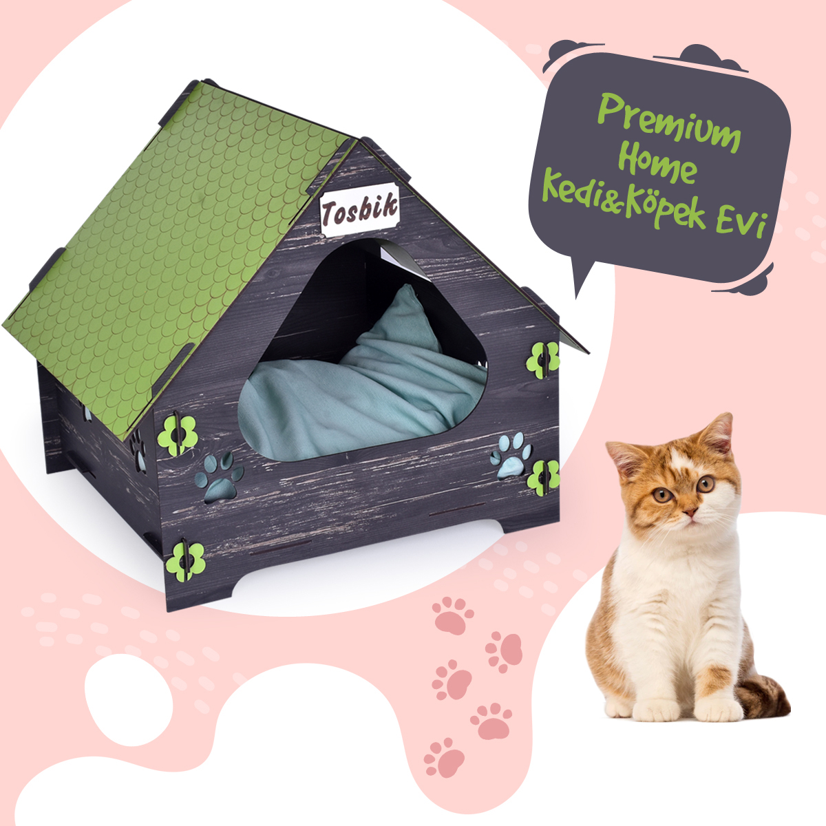 PremiumHome Doğal Ahşap Çatılı İsimli Dekoratif Pati Desenli Kedi ve Köpek Evi 