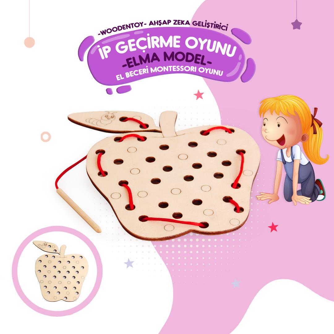 WoodenToy Ahşap Zekâ Geliştirici Elma Modeli İp Geçirme Oyunu  El Beceri Montessori Oyunu