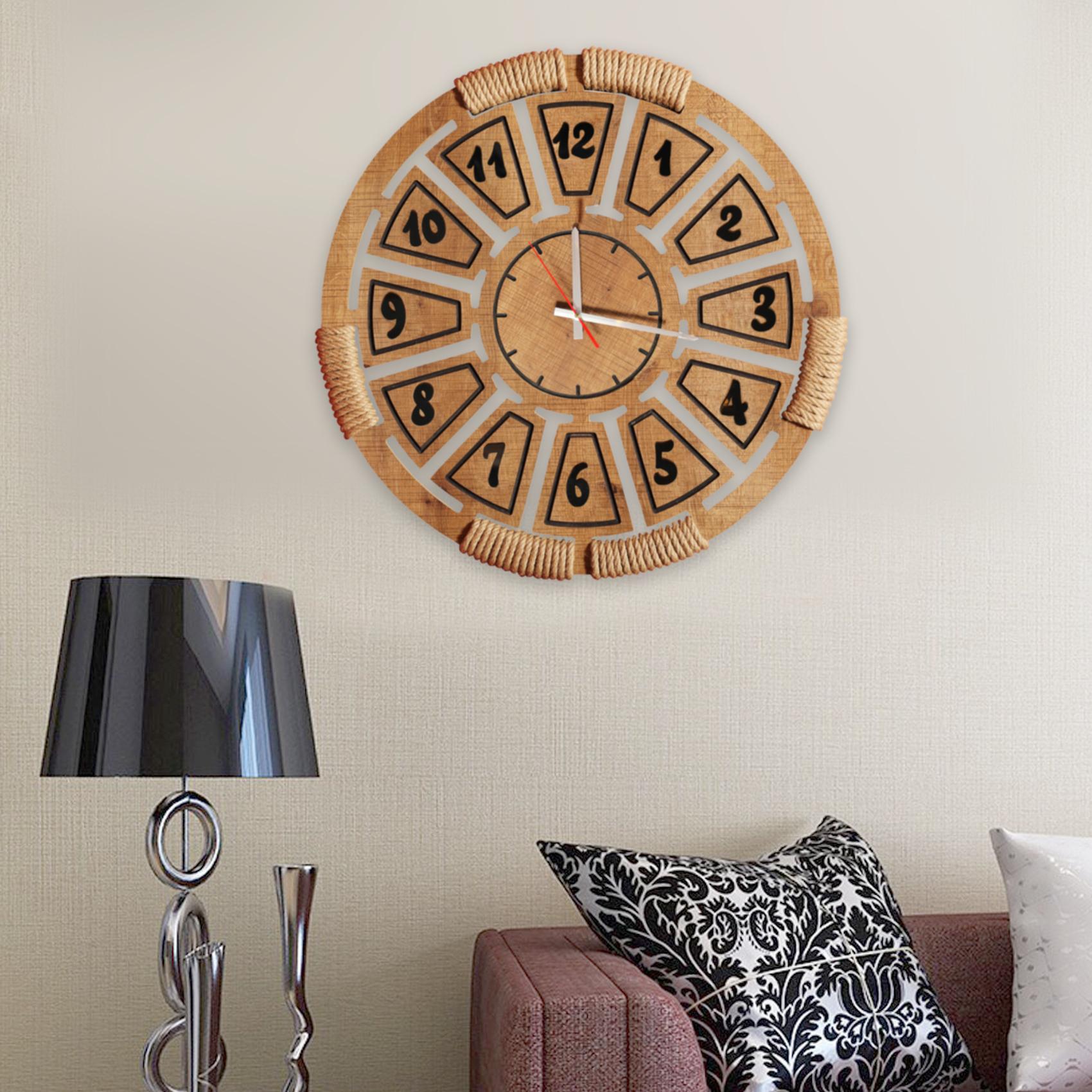 Safir Kabartmalı Hasır İşlemeli Ahşap Saat 55 Cm