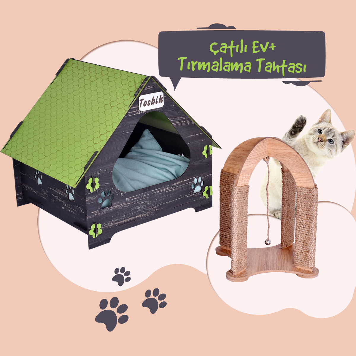 PremiumHome Doğal Ahşap Çatılı İsimli Kedi Köpek Evi ve Çift Yönlü Kedi Tırmalama Oyuncağı ve Tahtası