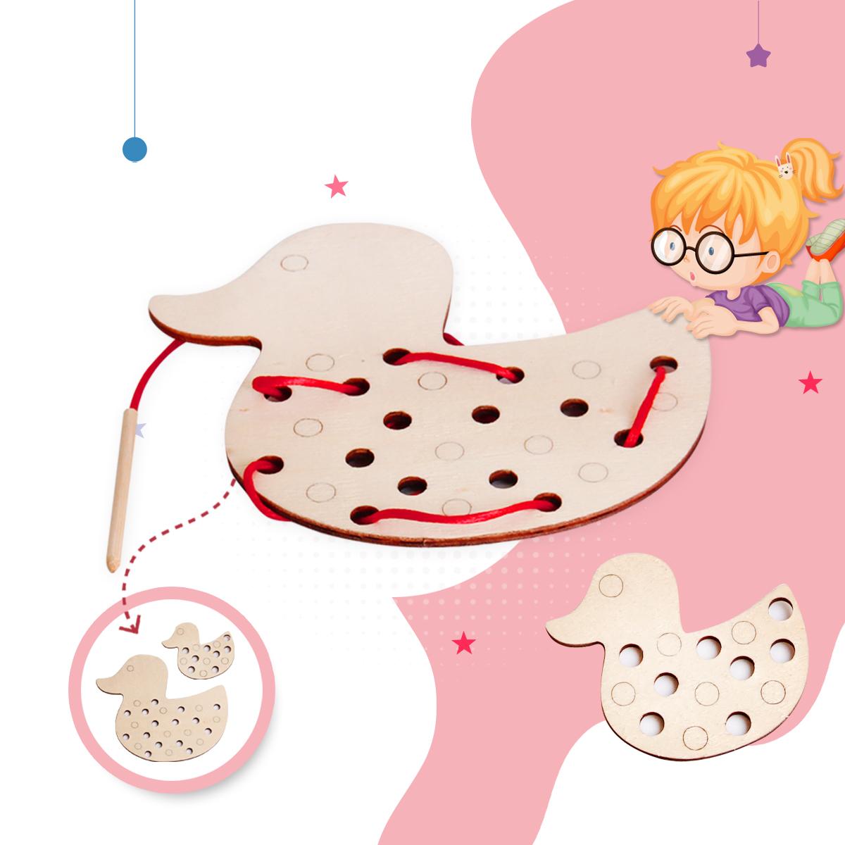 WoodenToy Ahşap Zekâ Geliştirici Ördek Modeli İp Geçirme Oyunu  El Beceri Montessori Oyunu