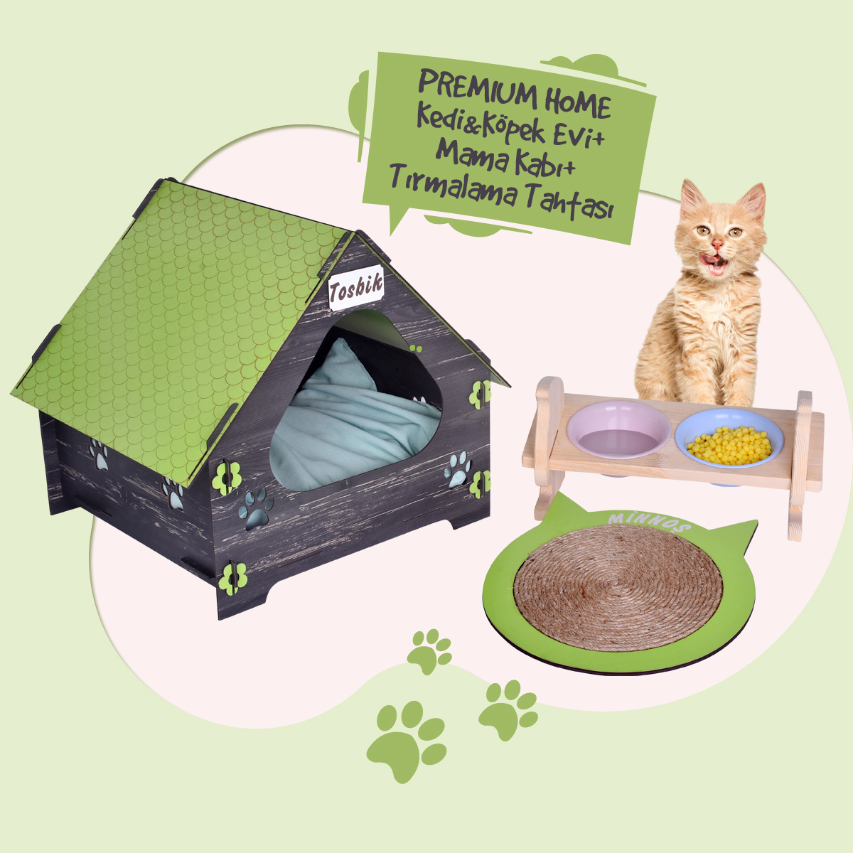 PremiumHome Doğal Ahşap Çatılı İsimli Kedi Köpek Evi İsimli Doğal Ahşap İkili Renkli Kedi Mama ve Su Kabı ve İsme Özel Yuvarlak Kedi Tırmalama Tahtası