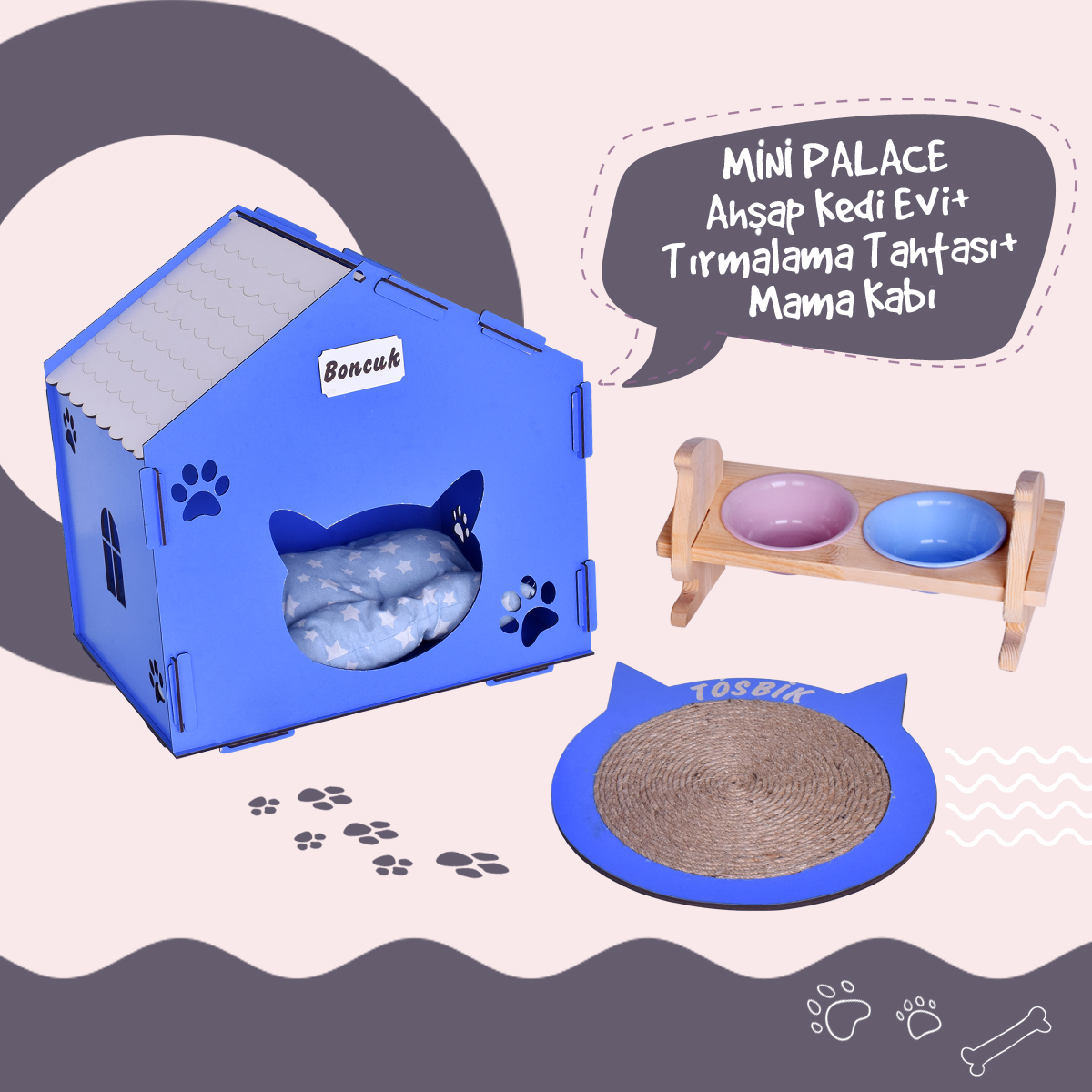 MiniPalace Ahşap İsme Özel Kedi Evi İsimli Doğal Ahşap İkili Renkli Kedi Mama ve Su Kabı ve İsme Özel Yuvarlak Kulak Kedi Tırmalama Tahtası