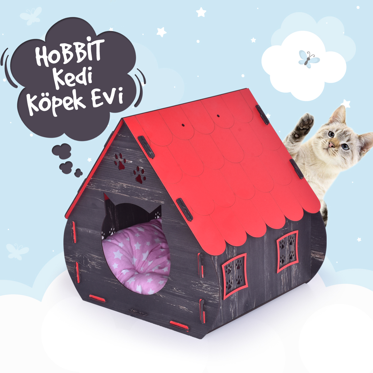Mini Hobbit Doğal Ahşap Pati Detaylı Kedi Köpek Evi