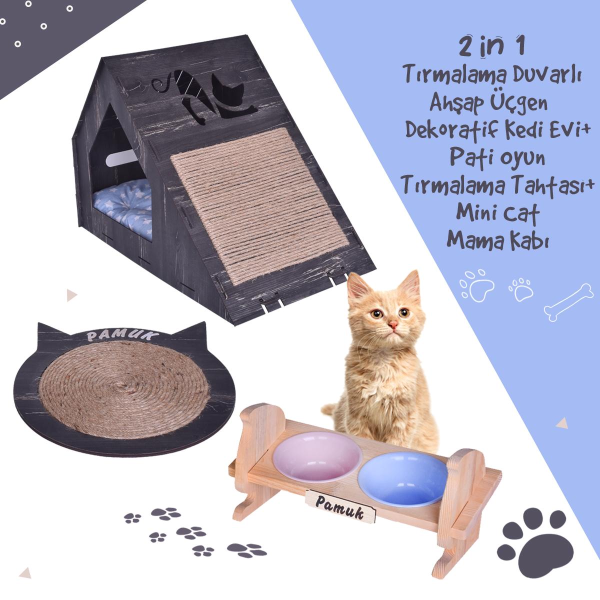 2in1 Tırmalama Duvarlı Ahşap Üçgen Kedi Evi, Pati Oyun Yuvarlak Tırmalama Tahtası Ve Mini Cat Ikili Mama ve Su Kabı